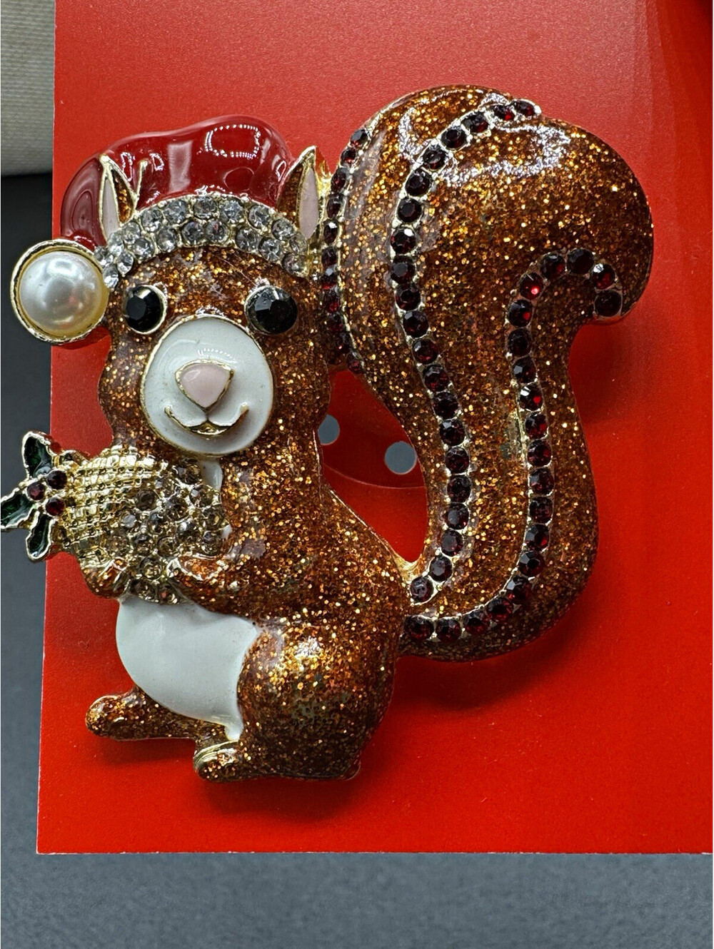 Holiday Lane Christmas Squirrel Brooch Pin Santa Hat Rhinestone Pearl NWT
